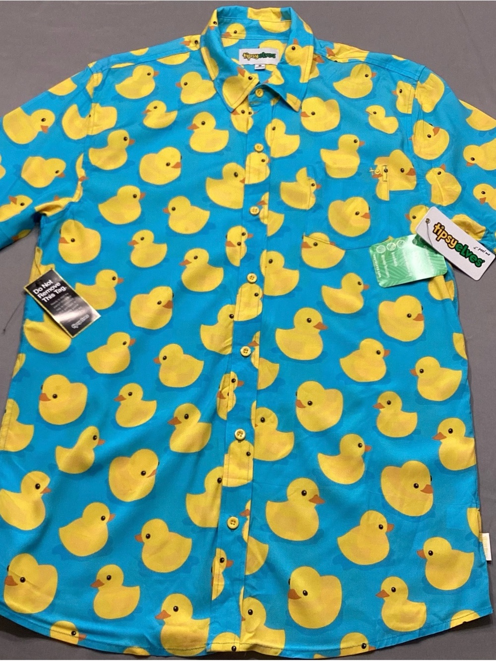 Tipsy Elves Men’s XL Rubber Ducky Hawaiian Shirt Short Sleeve Blue Yellow NWT
